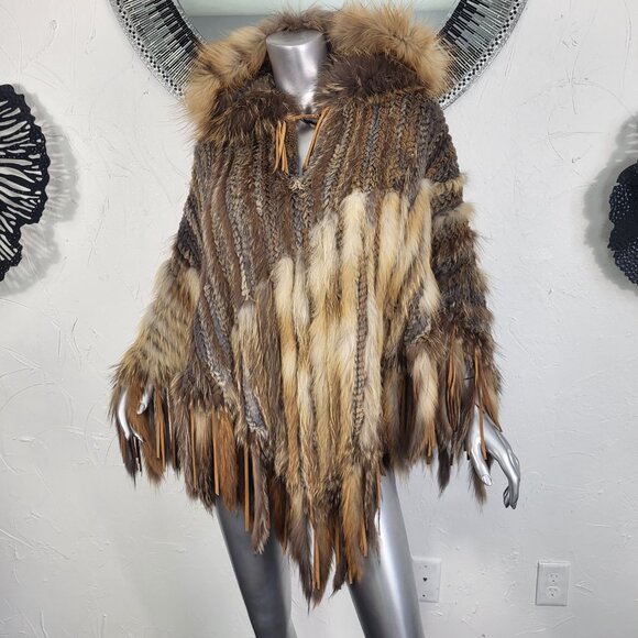 ALBERTO MAKALI~VINTAGE BROWN GENUINE FOX FUR REAL RABBIT HOODED PONCHO CAPE COAT - Picture 12 of 16